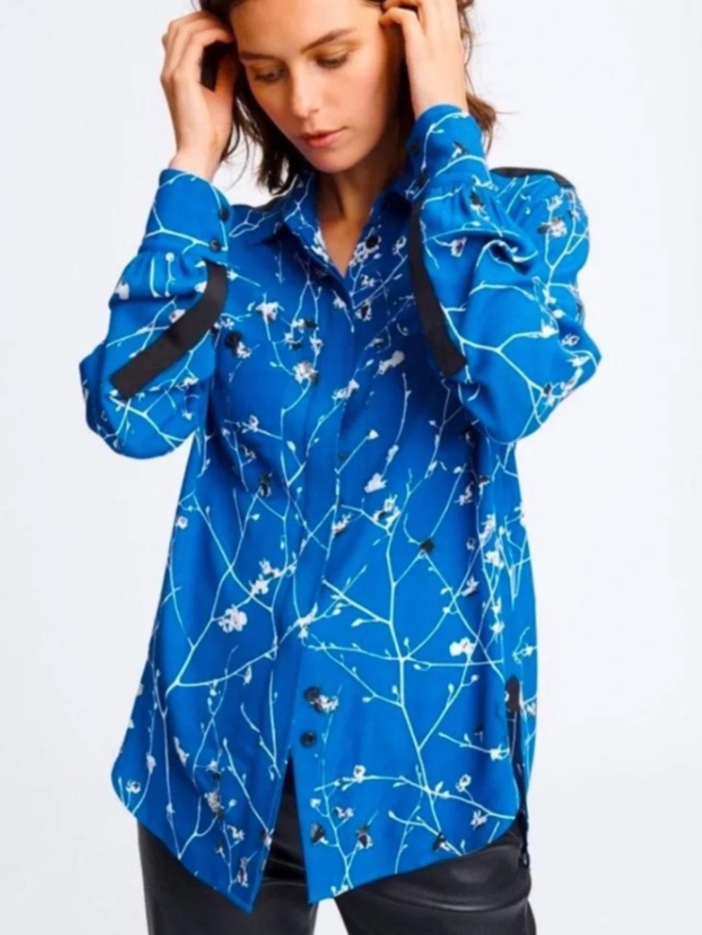 Rag and Bone Therese Blouse Blue Multi Floral Branch Print Black Grosgrain M